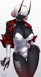 Rule 34 | 1girl, absurdres, android, black jacket, black skin, breasts, bridal gauntlets, cleavage, collar, colored skin, covered navel, cowboy shot, echanis enicha, hair intakes, hair over eyes, highres, horns, jacket, large breasts, leotard, light smile, original, red jacket, short hair, signature, smile, thighs, white background, white hair