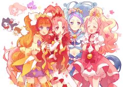 4girls akagi_towa amanogawa_kirara aroma_(go!_princess_precure) bird blonde_hair blue_eyes blue_hair bow bracelet brooch brown_hair closed_eyes cowboy_shot creature crop_top cure_flora cure_mermaid cure_scarlet cure_twinkle dog earrings flower_earrings gloves go!_princess_precure haruno_haruka hayashi_(kanzume) jewelry kaidou_minami kuroro_(go!_princess_precure) long_hair magical_girl midriff miss_siamour multicolored_hair multiple_girls pink_bow pink_hair precure puff_(go!_princess_precure) purple_eyes purple_hair red_eyes red_hair skirt smile star_(symbol) star_earrings streaked_hair thick_eyebrows thighhighs two-tone_hair waist_bow white_gloves