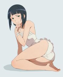 1girl bare_arms bare_back bare_legs bare_shoulders barefoot black_hair covered_navel green_eyes highres looking_at_viewer one-piece_swimsuit panties puge sachi_(sao) short_hair simple_background soles swimsuit sword_art_online underwear white_one-piece_swimsuit white_panties