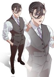 1boy ahoge black_pants black_shoes black_vest brown_hair collared_shirt fate/grand_order fate_(series) full_body hair_over_one_eye hair_pulled_back hand_in_pocket hand_up highres looking_at_viewer male_focus necktie open_mouth pants purple_eyes purple_necktie shirt shoes short_hair simple_background sleeves_rolled_up solo standing vest white_background white_shirt yamanami_keisuke_(fate) yogu_tachi zoom_layer