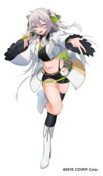1girl absurdres alternate_costume animal_ear_piercing animal_ears bare_shoulders black_shorts black_thighhighs blush boots breasts cleavage cleavage_cutout clothing_cutout commentary_request company_name crop_top detached_sleeves equal_(heartstrings) frilled_sleeves frills full_body fur-trimmed_sleeves fur_trim grey_eyes grey_hair gyaru_v highleg highleg_panties highres holding holding_microphone hololive jacket knee_boots large_breasts leg_up lion_ears lion_girl lion_tail long_hair microphone midriff navel one_eye_closed open_mouth panties panty_straps shishiro_botan shorts simple_background single_thighhigh sleeveless sleeveless_jacket smile solo standing standing_on_one_leg tail teeth thighhighs underwear upper_teeth_only v virtual_youtuber white_background white_boots white_jacket wide_sleeves