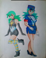 2girls age_difference aged_down bare_shoulders family gen_4_pokemon gloves green_hair hat high_heels highres jenny_(pokemon) long_glove marble_(pokemon) miniskirt multiple_girls navel nintendo official_alternate_costume orange_eyes pokemon pokemon_(anime) pokemon_dp059 pokemon_dppt_(anime) police police_hat police_uniform policewoman shoes skin_tight skirt spandex