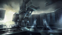 Rule 34 | 2others, ambiguous gender, building, cannon, cloud, commentary, concept art, day, dust 514, eve online, full body, galan pang, grey theme, highres, military vehicle, motor vehicle, multiple others, official art, outdoors, overcast, realistic, scenery, science fiction, sky, tank, tank turret