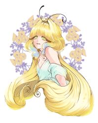 Rule 34 | 1girl, bare shoulders, blonde hair, butterfly wings, colored skin, cookie run, cookie run: kingdom, curly eyebrows, floating hair, highres, humanization, insect wings, layered clothes, leotard, long eyelashes, long hair, looking at viewer, n0cht, sugarfly cookie, very long hair, white eyeshadow, wings, yellow leotard, yellow skin