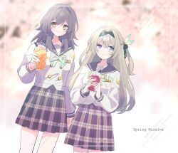 Rule 34 | 2girls, black hairband, black ribbon, blush, bow, bowtie, buttons, checkered bow, checkered bowtie, checkered clothes, checkered skirt, closed mouth, collared shirt, cup, disposable cup, double-breasted, drinking straw, english text, firefly (honkai: star rail), firefly (spring missive) (honkai: star rail), green bow, green bowtie, grey hair, grey sailor collar, grey skirt, hair between eyes, hair intakes, hair ornament, hair ribbon, hairband, holding, holding cup, honkai: star rail, honkai (series), kanaria (mint tea1256), multiple girls, official alternate costume, pleated skirt, ribbon, sailor collar, shirt, skirt, smile, stelle (honkai: star rail), trailblazer (honkai: star rail), white shirt, yellow eyes