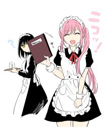 2girls akinoko_(noco916) alternate_costume apron bikini black_dress black_hair choppy_bangs closed_eyes closed_mouth dot_mouth dress enmaided frilled_apron frills highres holding holding_tray long_dress long_hair looking_at_viewer maid maid_apron maid_bikini maid_headdress medium_hair multiple_girls nekozane_mugi open_mouth pink_hair puffy_short_sleeves puffy_sleeves short_dress short_sleeves side_ponytail slit_pupils swimsuit tonari_no_neko_to_koi_shirazu tray unconventional_maid usagihara_momoka waist_apron white_apron wrist_cuffs