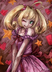 1girl ;q ahoge artist_name bare_arms bare_shoulders blonde_hair collarbone commentary_request dress green_eyes heart heart_ahoge highres huge_ahoge idolmaster idolmaster_cinderella_girls long_hair looking_at_viewer one_eye_closed pink_dress ray-k sato_shin signature sleeveless sleeveless_dress smile solo star_(symbol) tongue tongue_out twintails v_arms