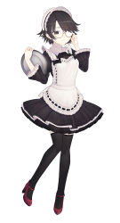 1girl absurdres adjusting_eyewear apron back_bow black_bow black_bowtie black_hair black_shirt black_skirt black_thighhighs bow bowtie closed_mouth collared_shirt commentary_request foot_up frilled_apron frilled_skirt frilled_sleeves frills full_body grey_eyes hands_up high_heels highres holding holding_tray knees_together_feet_apart long_sleeves looking_at_viewer maid maid_apron maid_headdress original parted_bangs petticoat red_shoes riuichi round_eyewear semi-rimless_eyewear shirt shoes short_hair simple_background skirt smile solo standing standing_on_one_leg swept_bangs thighhighs tray white_apron white_background white_bow wing_collar zettai_ryouiki