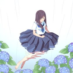 1girl artist_name barefoot black_hair black_skirt blue_neckerchief closed_eyes flower full_body highres hydrangea long_hair neckerchief original pleated_skirt rain sailor_collar school_uniform serafuku shapoco shirt skirt solo water white_sailor_collar white_shirt