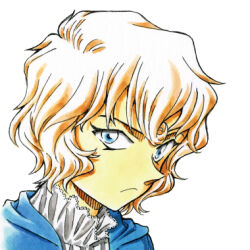 Rule 34 | 1girl, aoyama goushou, blonde hair, blue eyes, blue jacket, closed mouth, curly hair, glaring, jacket, looking at viewer, looking to the side, lowres, mary sera, meitantei conan, official art, portrait, shirt, short hair, simple background, solo, three quarter view, white background, white shirt