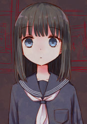 1girl black_hair blue_eyes blue_sailor_collar blue_serafuku closed_mouth expressionless female_focus looking_at_viewer medium_hair original patterned_background sailor_collar school_uniform serafuku solo upper_body white_neckwear yuyuzuki_(yume_usagi)