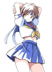 1girl arms_behind_head blue_sailor_collar blue_skirt brown_eyes brown_hair headband highres ikaringo_(ikaringo4444) kasugano_sakura midriff navel sailor_collar scarf school_uniform serafuku short_hair skirt solo street_fighter street_fighter_zero_(series) white_headband yellow_scarf