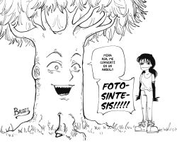 Rule 34 | 1girl, artist name, chainsaw man, denji (chainsaw man), grass, greyscale, highres, mitaka asa, monochrome, pants, sharp teeth, spanish text, speech bubble, standing, sweatdrop, tank top, teeth, translated, tree, victorbalgitt