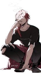 1boy 6tnut9 artist_name black_pants black_shirt black_shoes cigarette clothes_around_waist clothes_writing collarbone hair_over_shoulder hand_up holding holding_cigarette jacket jacket_around_waist leos_vincent long_hair looking_at_viewer low_ponytail male_focus nijisanji open_mouth pants parted_bangs ponytail red_hair red_jacket shirt shoes short_sleeves simple_background smoke smoking solo squatting t-shirt teeth torn_clothes torn_pants upper_teeth_only virtual_youtuber white_background