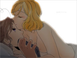 1boy 1girl america_(hetalia) axis_powers_hetalia az0212 bad_id bad_pixiv_id bed_sheet blonde_hair breasts canada_(hetalia) cellphone couple closed_eyes genderswap genderswap_(mtf) girl_on_top hetero lying naked_sheet nude phone purple_eyes siblings