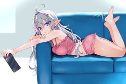 1girl ahoge armpits barefoot blue_eyes borrowed_character breasts camisole closed_mouth couch elf from_side grey_hair hair_between_eyes hair_intakes hair_ornament hairclip hand_on_own_arm handheld_game_console highres holding holding_handheld_game_console large_breasts lips long_hair looking_at_viewer lying negationtenmaru on_couch on_stomach original pink_camisole pink_shorts pointy_ears shorts smile soles solo toes