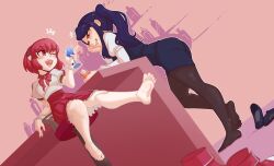 +++ 2girls :d absurdres android ass bar_(place) bar_stool barefoot bartender black_shoes black_skirt black_vest blue_hair blush_stickers bow bowtie breasts cocktail commentary commission cup dorothy_haze drinking_glass dutch_angle english_commentary feet full_body grin hairband high-waist_skirt high_heels highres holding holding_cup jill_stingray joints knee_up long_hair long_sleeves looking_at_another multiple_girls no_shoes one_eye_closed open_mouth pantyhose puffy_long_sleeves puffy_short_sleeves puffy_sleeves red_bow red_bowtie red_eyes red_hair red_shoes red_skirt robot_joints shirt shoes short_hair short_sleeves sidelocks sitting skirt small_breasts smile sneakers soles spicy_bardo standing stool striped_clothes striped_hairband swept_bangs teeth toes tongue twintails unworn_shoes upper_teeth_only va-11_hall-a vest white_shirt white_wrist_cuffs wrist_cuffs