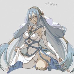 1girl azura_(fire_emblem) blue_hair choker clothes_lift detached_sleeves dress dress_lift fire_emblem fire_emblem_fates hair_between_eyes hair_ornament hair_tubes highres jewelry karashino long_hair looking_at_viewer nintendo pendant sleeveless sleeveless_dress solo twitter_username underwear veil very_long_hair white_choker white_dress white_veil yellow_eyes