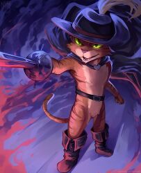 1boy belt black_cape black_footwear black_hat boots cape cat cat_boy cavalier_hat commentary english_commentary fangs full_body furry furry_male green_eyes hat hat_feather highres holding holding_sword holding_weapon male_focus nurinaki orange_cat orange_fur puss_in_boots:_the_last_wish puss_in_boots_(shrek) shrek_(series) smile standing sword tabby_cat tail weapon