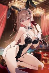 1girl animal_ears bare_legs bare_shoulders black_hairband black_leotard blurry blurry_background bow bowtie breasts brown_hair card center_opening cleavage closed_mouth colored_inner_hair detached_collar earrings fake_animal_ears hairband hand_on_own_hip hand_up highleg highleg_leotard holding holding_card jewelry leg_tattoo leg_up leotard long_hair looking_at_viewer medium_breasts multicolored_hair nail_polish navel necomi original pink_hair playboy_bunny rabbit_ears red_eyes sideless_leotard smile solo spaghetti_strap stomach tattoo thighs tongue tongue_out two-tone_hair wrist_cuffs