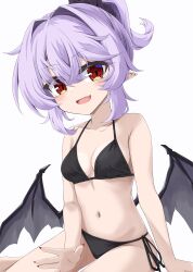 Rule 34 | 1girl, akisome hatsuka, bat wings, bikini, black bikini, breasts, commentary request, fang, hair between eyes, hair intakes, looking at viewer, low wings, medium breasts, nail polish, pointy ears, purple hair, red eyes, red nails, remilia scarlet, short hair, side-tie bikini bottom, simple background, smile, solo, swimsuit, touhou, white background, wings