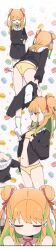 1girl absurdres ass black_shirt black_skirt blush bow bra breasts choker closed_eyes closed_mouth clothes_pull collared_shirt double_bun food frills green_eyes green_hair hair_bun hair_ribbon highres indie_virtual_youtuber long_hair long_image long_sleeves luke_(dydansgur) macaron multicolored_hair multiple_views navel neck_ribbon no_shoes open_clothes open_shirt orange_hair panties pleated_skirt polka_dot polka_dot_background red_choker red_ribbon ribbon ribbon_choker shirt skirt skirt_pull small_breasts socks standing standing_on_one_leg streaked_hair tall_image tamura_mikan two-tone_hair two_side_up underwear undressing white_socks yellow_bra yellow_panties