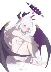 1girl absurdres artist_name black_halo blue_archive blush breasts completely_nude demon_girl demon_horns demon_wings halo highres hina_(blue_archive) horns lighthairdude looking_at_viewer nude purple_eyes simple_background sitting small_breasts solo white_background wings
