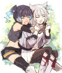 2girls :d ^_^ animal_ears black_pantyhose black_thighhighs blue_hair blue_shorts blue_vest cat_ears cat_girl closed_eyes commentary_request gloves grey_hair hug hug_from_behind long_hair mio_(xenoblade) multiple_girls open_clothes open_mouth open_vest pantyhose sena_(xenoblade) shorts side_ponytail sitting skirt smile sudachips thighhighs vest white_gloves white_skirt xenoblade_chronicles_(series) xenoblade_chronicles_3