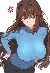 1girl absurdres anger_vein aozaki_aoko black_pants blue_eyes blue_sweater breasts brown_hair clenched_teeth ebora hair_intakes highres large_breasts long_hair long_sleeves looking_at_viewer mahou_tsukai_no_yoru non-web_source pants ribbed_sweater sidelocks simple_background solo sweater teeth turtleneck very_long_hair