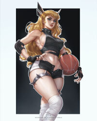 1girl absurdres black_gloves blonde_hair blondynkitezgraja blue_eyes breasts cleavage gloves highres long_hair looking_at_viewer magik_(x-men) marvel marvel_rivals navel short_shorts shorts solo x-men