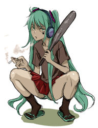 Rule 34 | 1girl, as109, bad id, bad pixiv id, baseball bat, black socks, cigarette, club (weapon), delinquent, english text, facial mark, female focus, hatsune miku, headphones, kutabare pta (vocaloid), long hair, panties, pantyshot, profanity, sandals, sketch, skirt, smoke, smoking, socks, solo, squatting, star (symbol), underwear, very long hair, vocaloid, weapon