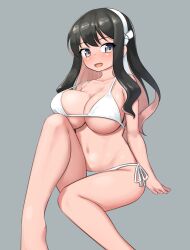 1girl absurdres bikini black_hair blue_eyes breasts cleavage colored_inner_hair feet_out_of_frame grey_background hairband highres invisible_chair kantai_collection large_breasts maru_(marg0613) multicolored_hair naganami_(kancolle) naganami_kai_ni_(kancolle) open_mouth pink_hair side-tie_bikini_bottom simple_background sitting solo swimsuit two-tone_hair white_bikini white_hairband