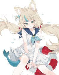 Rule 34 | 1girl, :3, ahoge, animal ear fluff, animal ears, between legs, blonde hair, blue eyes, blue hair, blue nails, blue neckerchief, blue sailor collar, buttons, cat ears, collar, commentary, dress, eliora202, feet out of frame, fins, fish, fish girl, fish tail, floating hair, frilled dress, frills, hand between legs, highres, indie virtual youtuber, lifebuoy, lifebuoy hair ornament, light blush, long hair, low twintails, multicolored hair, nail polish, neckerchief, one side up, sailor collar, sameko saba, scrunchie, simple background, sitting, sitting on object, sleeveless, sleeveless dress, smile, smug, solo, sparkle, streaked hair, swim ring, tail, twintails, very long hair, virtual youtuber, white background, white dress, wrist scrunchie