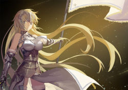 1girl armor armored_dress bare_shoulders blonde_hair blue_eyes breasts club3 dark_background dress fate/apocrypha fate/grand_order fate_(series) female_focus flag gauntlets headpiece jeanne_d&#039;arc_(fate) jeanne_d&#039;arc_(ruler)_(fate) jeanne_d&#039;arc_(third_ascension)_(fate) large_breasts long_hair looking_at_viewer smile solo thighhighs