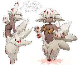 1girl absurdres animal_hands arm_up bare_shoulders closed_mouth commentary_request dark-skinned_female dark_skin dot_nose expressionless extra_arms faputa flat_chest forehead furry furry_female gem hair_between_eyes highres kiritzugu legs_together looking_at_viewer looking_back made_in_abyss multiple_tails multiple_views navel simple_background tail white_background white_hair yellow_eyes