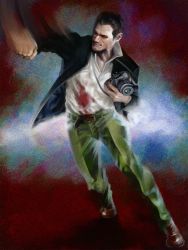 1boy bad_id bad_pixiv_id belt black_hair blood blood_on_clothes blood_stain blouse camera capcom dead_rising frank_west jacket male_focus manly motion_blur pants punching realistic shiba_(berryeater) shirt shoes solo traditional_media white_shirt