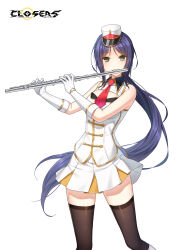 1girl band_uniform bare_shoulders black_thighhighs blue_hair boots breasts buttons cleavage_cutout closed_mouth closers clothing_cutout collared_jacket copyright_name cowboy_shot double-breasted eunha_(closers) flute fold-over_gloves gloves green_eyes hat highres holding holding_flute holding_instrument instrument jacket knee_boots legs_apart logo long_hair looking_at_viewer marching_band medium_breasts mini_hat mini_shako_cap miniskirt music necktie official_art parted_bangs playing_flute playing_instrument pleated_skirt ponytail red_necktie shako_cap sidelocks skirt sleeveless sleeveless_jacket solo standing thighhighs transverse_flute very_long_hair white_background white_boots white_gloves white_hat white_jacket white_skirt wing_collar zettai_ryouiki