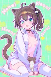 1girl ahoge alternate_costume animal animal_ear_fluff animal_ears bell black_choker black_ribbon blush breasts bright_pupils brown_hair cat cat_ears cat_girl cat_hair_ornament cat_tail choker collared_shirt commentary dress_shirt fang finn_flint green_eyes hair_between_eyes hair_ornament hair_ribbon heart heart_in_eye highres hololive jingle_bell kemonomimi_mode long_sleeves looking_at_viewer natsuiro_matsuri navel neck_bell no_shoes open_clothes open_mouth open_shirt ribbon shirt side_ponytail signature sitting skin_fang sleeves_past_wrists small_breasts smile solo symbol_in_eye tail tail_raised thighhighs virtual_youtuber wariza white_pupils white_shirt white_thighhighs