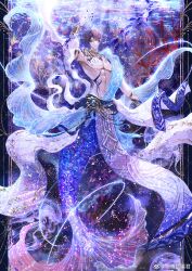 1boy abs absurdres arm_tattoo arm_up armlet bare_pectorals blue_gemstone blue_nails blue_sash blue_scales bracer caustics chest_tattoo closed_mouth coral curtained_hair finger_tattoo full_body gem gold_necklace highres jewelry light_particles looking_at_viewer love_and_deepspace male_focus merman monster_boy necklace nipples outside_border parted_bangs pectorals pelvic_curtain pillarboxed purple_eyes purple_hair rafayel_(love_and_deepspace) sash school_of_fish shawl short_hair shoulder_sash snow234 solo tattoo toned toned_male underwater waist_sash watermark weibo_watermark white_shawl