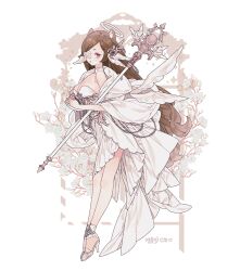 1girl angel animal_ear_fluff animal_ears bare_shoulders breasts brown_hair chain cleavage collar commentary commission dress floral_background flower frilled_dress frills from_side full_body gold_embroidery grey_eyes hair_flower hair_ornament halo head_wings high_heels holding holding_staff large_breasts lemon89h long_hair looking_at_viewer medium_breasts one_eye_covered original rococo_movement rose shoes solo staff white_dress white_flower white_rose white_shoes wing_hair_ornament wings