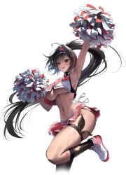 1girl armpits ass bay_(nikke) black_eyes black_hair breasts cheerleader collar crop_top goddess_of_victory:_nikke hairband highleg highleg_panties highres huge_ass huge_breasts long_hair miniskirt mole mole_under_mouth navel official_art panties pom_pom_(cheerleading) ponytail side-tie_panties skirt solo spiked_collar spikes standing standing_on_one_leg sweat thick_thighs thighs underboob underwear