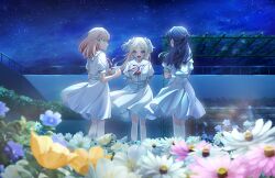 3girls :d arms_behind_back bench blonde_hair blue_eyes blue_flower blue_hair blue_ribbon breast_pocket breasts daisy_(flower) dress facing_another facing_away flower game_cg gradient_hair green_eyes hair_flower hair_ornament hair_ribbon hasu_no_sora_school_uniform highres hinoshita_kaho hood hood_up link!_like!_love_live! love_live! medium_breasts medium_dress multicolored_hair multiple_girls murano_sayaka neckerchief night night_sky non-web_source official_art open_mouth orange_hair osawa_rurino outdoors parted_bangs pink_flower plant pleated_dress pocket profile puffy_short_sleeves puffy_sleeves rabbit_hair_ornament red_neckerchief red_ribbon ribbon rooftop sailor_collar school_uniform short_sleeves sky smile standing star_(sky) star_(symbol) star_hair_ornament starry_sky straight-on streaked_hair summer_uniform twintails two_side_up vines virtual_youtuber white_flower white_sailor_collar wooden_bench yellow_flower