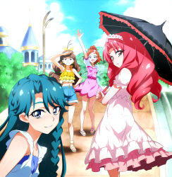 Rule 34 | 4girls, :d, akagi towa, amanogawa kirara, aqua hair, arm up, blue eyes, brown hair, building, casual, day, dress, earrings, flower, frilled dress, frills, from behind, from side, go! princess precure, grin, hair flower, hair ornament, haruno haruka, highres, jewelry, kaidou minami, lace-trimmed umbrella, lamppost, looking at viewer, looking back, looking to the side, midriff, multiple girls, nakahira guy, navel, open mouth, outdoors, pantylines, parasol, parted lips, pink dress, precure, puffy short sleeves, puffy sleeves, red eyes, red hair, sandals, shading eyes, short sleeves, smile, standing, thick eyebrows, tree, umbrella, waving, white dress