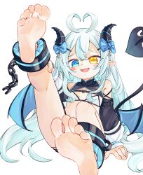 1girl akugaki_koa antenna_hair barefoot blue_eyes blush bow chaosexceed demon_girl demon_horns demon_tail demon_wings fang feet flat_chest foot_focus heterochromia highres horns idol_corp long_hair looking_at_viewer pointy_ears simple_background skin_fang soles solo tail toes very_long_hair virtual_youtuber white_background wings yellow_eyes