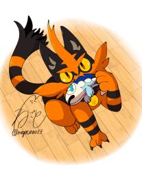 Rule 34 | animal hands, black fur, cat, character doll, claws, closed mouth, colored sclera, creatures (company), fangs, fangs out, full body, game freak, gen 7 pokemon, highres, looking at viewer, negoto o0zz, nintendo, no humans, pokemon, pokemon (creature), red eyes, red fur, simple background, sitting, solo, torracat, white background, wishiwashi, wishiwashi (solo), yellow sclera