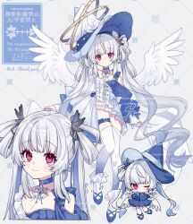 Rule 34 | 1girl, absurdres, black ribbon, blue choker, blue dress, blue hat, blue shoes, blush, chibi, choker, closed mouth, commentary, commission, dress, feathered wings, full body, grey background, grey hair, hair ribbon, hat, highres, jikuno, long hair, long sleeves, multiple views, original, red eyes, ribbon, shoes, skeb commission, smile, solo, standing, thigh strap, thighhighs, watermark, white thighhighs, white wings, wings