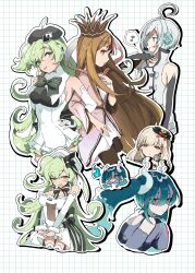 Rule 34 | 1boy, 4girls, absurdres, ahoge, androgynous, aqua hair, beret, black bow, black hat, blonde hair, blunt bangs, bow, breasts, brown hair, buttons, cleavage, commentary request, cowboy shot, crown, detached sleeves, double-breasted, dress, dual persona, galaco, galaco (neo), ghost miku (project voltage), gradient hair, green bow, green eyes, green hair, grid background, hair bow, hair ornament, hat, hatsune miku, headphones, high side ponytail, highres, large breasts, locked arms, long hair, looking to the side, macne nana, mayu (vocaloid), multicolored hair, multiple girls, music, musical note, nintendo, oekaki, open mouth, orange eyes, paint chat (medium), pink dress, pink hair, pokemon, profile, project voltage, red bow, shamomo, shawl, short hair, singing, sleeveless, sleeveless dress, sleeves past fingers, sleeves past wrists, speech bubble, spoken musical note, striped bow, tongue, tongue out, twintails, upper body, utatane piko, utau, vocaloid, white dress, white hat, white sleeves, yellow eyes