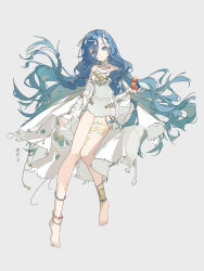 1girl 37_(down_in_the_grotto)_(reverse:1999) 37_(reverse:1999) absurdres anklet bare_shoulders barefoot bird bird_on_hand blue_eyes blue_hair cape detached_sleeves floating_hair full_body grey_background hair_between_eyes hair_ornament hand_up highres jewelry kuruma1892 leg_tattoo long_hair official_alternate_costume one-piece_swimsuit parted_lips reverse:1999 solo swimsuit tattoo very_long_hair white_cape white_one-piece_swimsuit