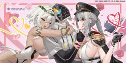 Rule 34 | 1boy, 2girls, absurdres, adjutant (snowbreak), arms around another&#039;s neck, arms around neck, bare shoulders, black gloves, black hair, black hat, blush, braid, breast press, breasts, breasts on another&#039;s back, coat, coat on shoulders, collared shirt, dark-skinned female, dark skin, dress, elf, eyebrows hidden by hair, eyelashes, flower, from side, gloves, greco-roman clothes, green eyes, grey hair, hair between eyes, hair flower, hair ornament, hat, highres, hug, hug from behind, large breasts, long hair, long sleeves, looking at another, military hat, military uniform, multiple girls, nails, nerida - styx envoy (dawn&#039;s command), nita (snowbreak), nita - pulse (sylvan spirit), nose, off-shoulder dress, off shoulder, official alternate costume, official alternate hairstyle, official art, one eye closed, open mouth, pointy ears, ponytail, red eyes, shirt, short hair with long locks, sideboob, sidelocks, smile, snowbreak: containment zone, teeth, thick thighs, thighs, tongue, upper body, visor cap, visor lift, white coat, white hair