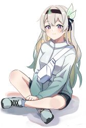 1girl absurdres aqua_shoes bag black_hairband blush closed_mouth crossed_legs erushira firefly_(honkai:_star_rail) gradient_clothes gradient_hair gradient_jacket green_pupils grey_hair hair_between_eyes hair_intakes hair_ornament hair_ribbon hairband highres honkai:_star_rail honkai_(series) jacket multicolored_eyes multicolored_hair multicolored_jacket ribbon shoes shoulder_bag simple_background sitting smile solo white_background